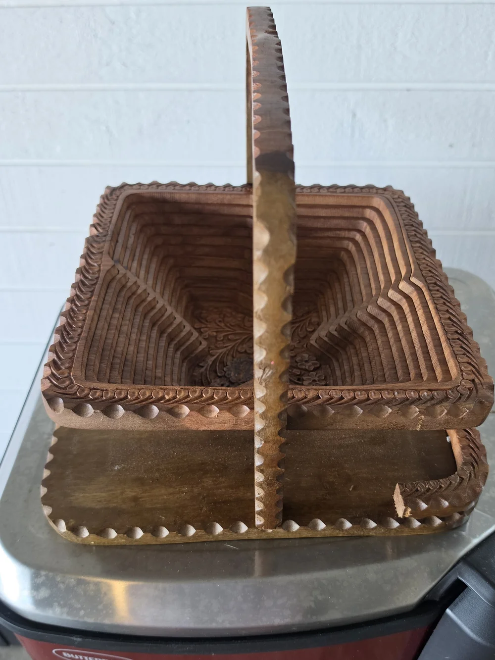 Hand-Carved Wooden Serving Basket - Brown